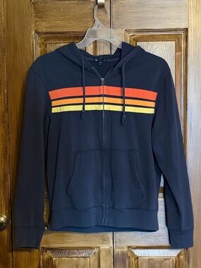 Vintage GAP Navy Zip-Up Hoodie with Red, Orange and Yellow Stripes  Size Medium
